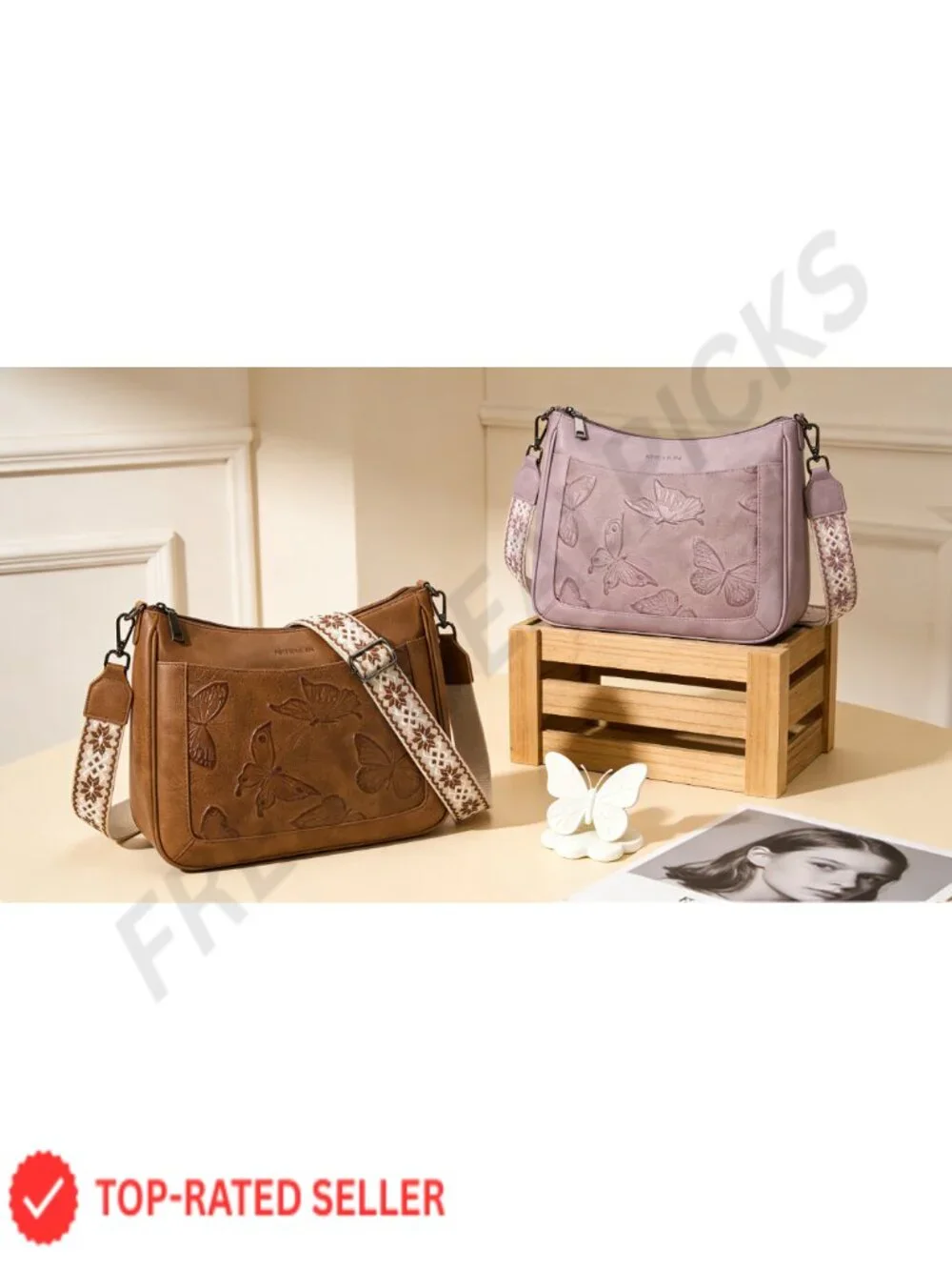 Vegan Leather Butterfly Hobo Crossbody Bag Women Shoulder Purse Handbag